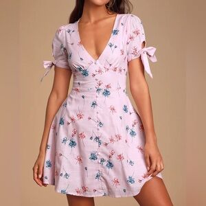 Lulus Lilly light pink floral print tie sleeve mini dress size large